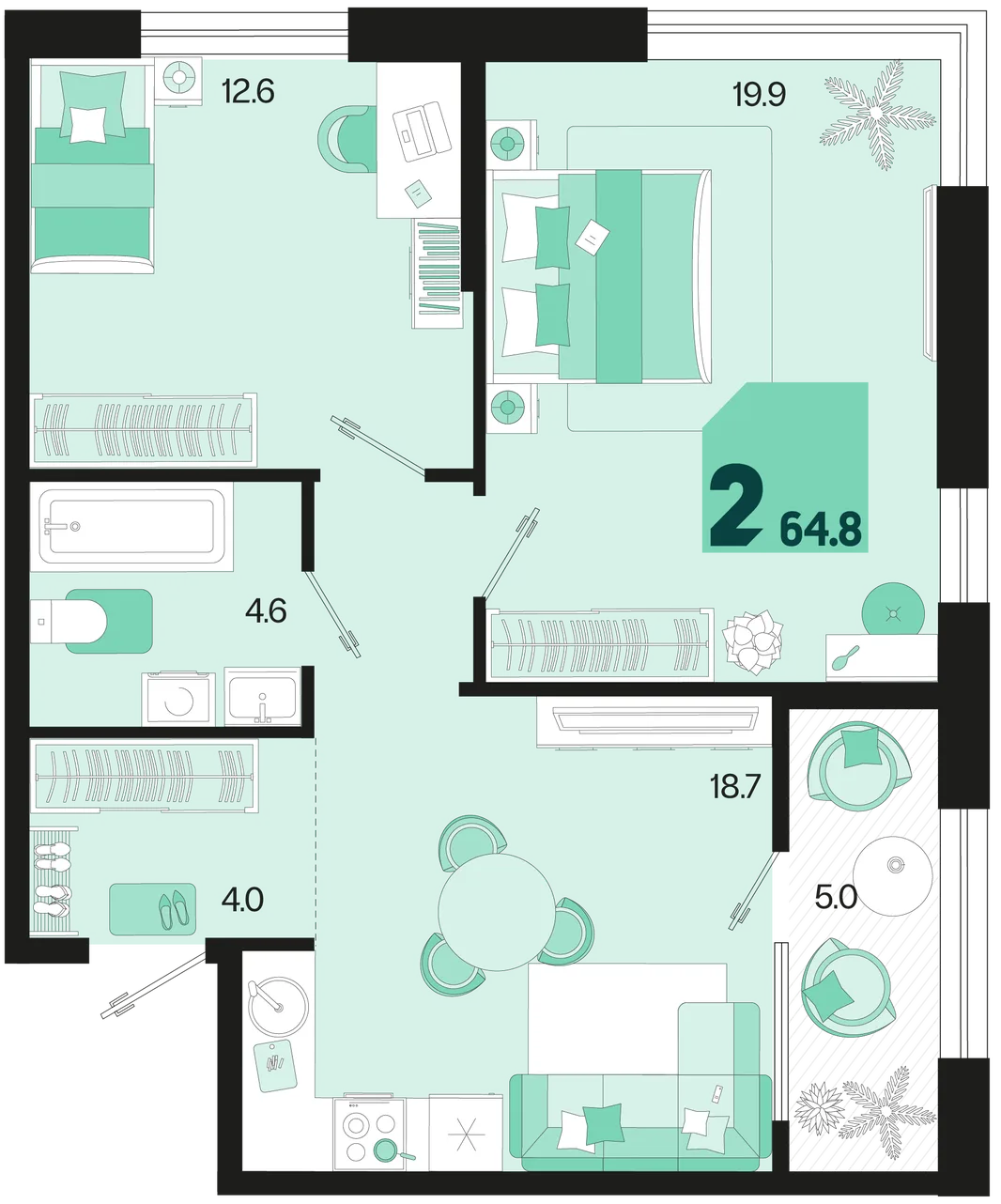 Планировка 2-комн. квартира, 64.8 м² ЖК «Первое место»