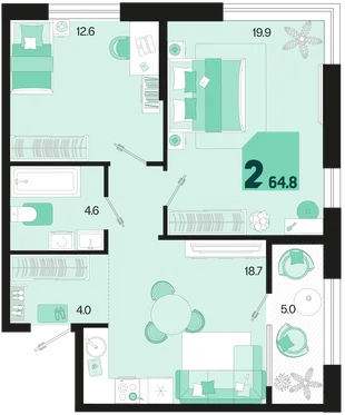 Планировка 2-комн. квартира, 64.8 м² ЖК «Первое место»