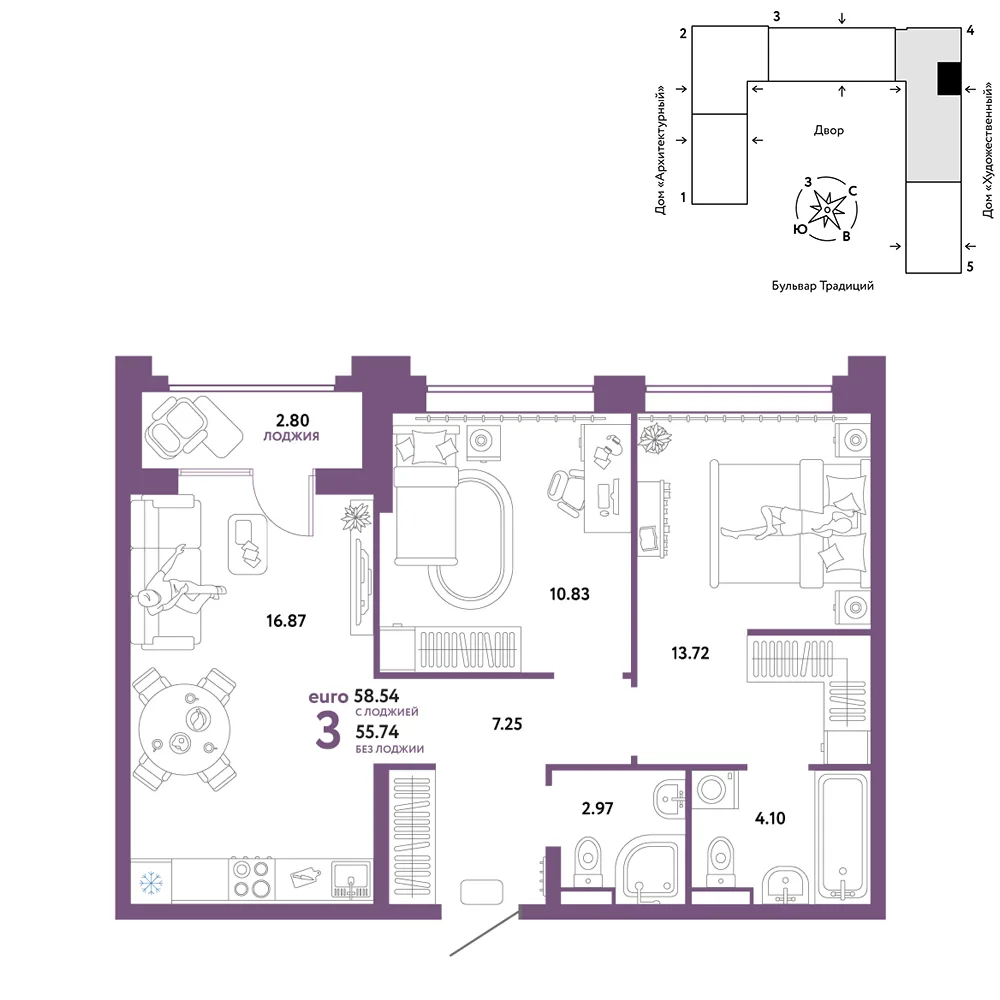 Планировка 3-комн. квартира, 58.54 м² ЖК «Микрорайон Домашний»