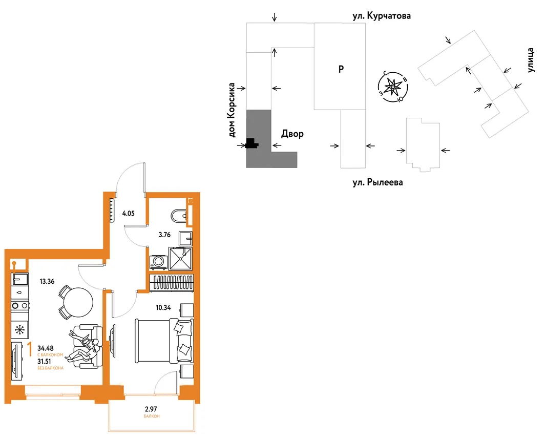 Планировка 1-комн. квартира, 35.02 м² ЖК «Остров-сад»