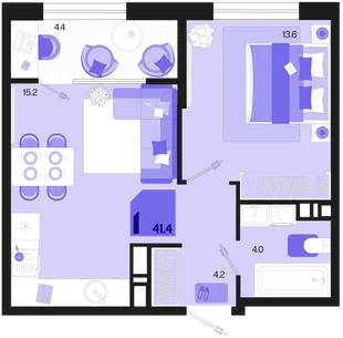 Планировка 1-комн. квартира, 41.4 м² ЖК «Первое место»