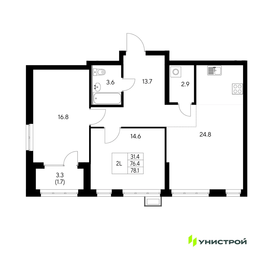 Планировка 2-комн. квартира, 78.1 м² ЖК «Стадиум»