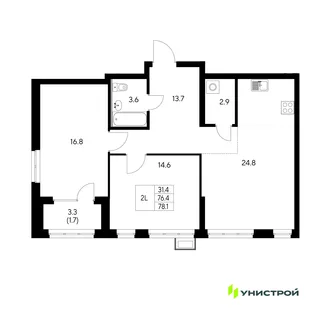 Планировка 2-комн. квартира, 78.1 м² ЖК «Стадиум»