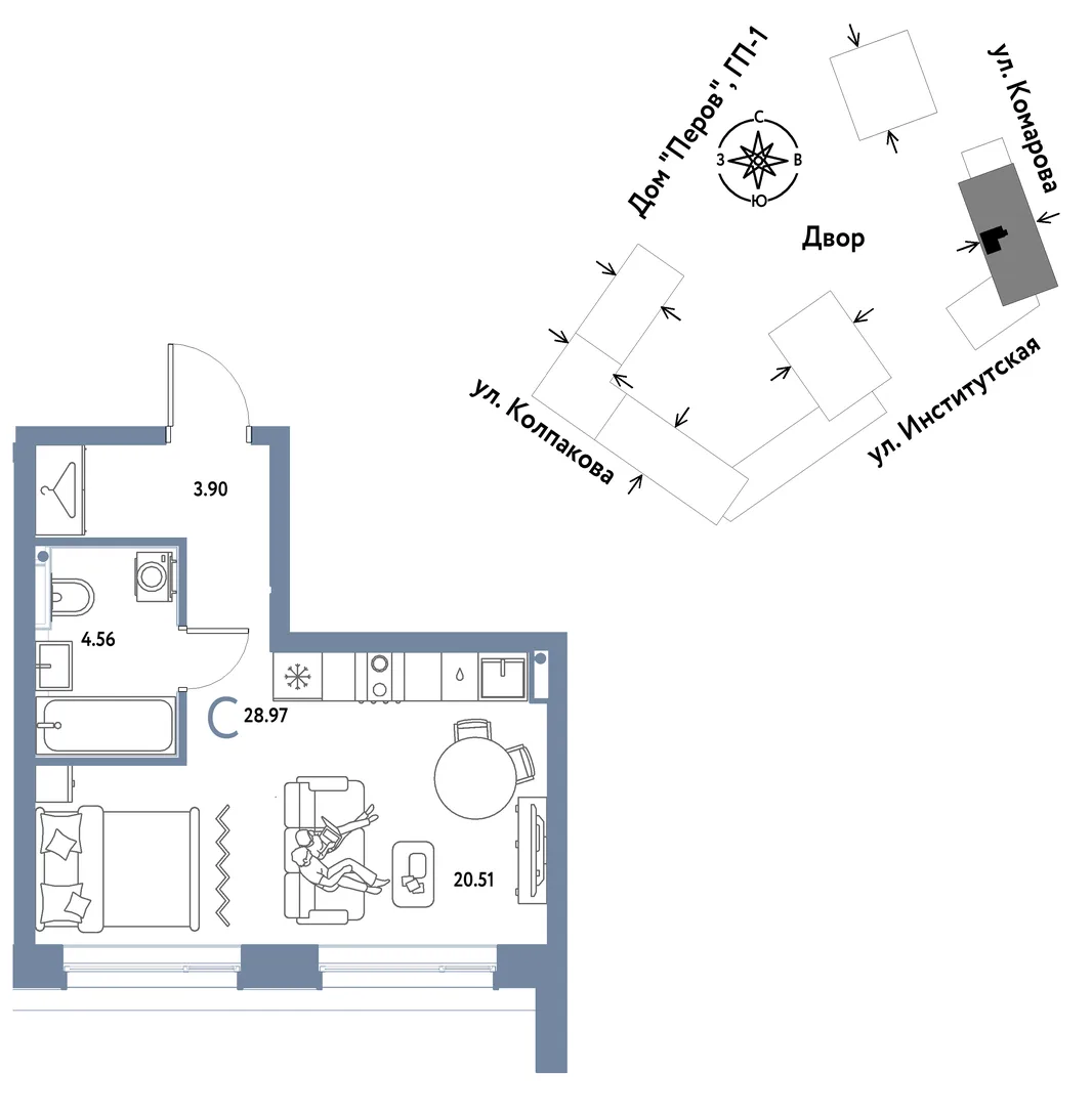 Планировка Студия, 28.97 м² ЖК «Страна.Парковая»