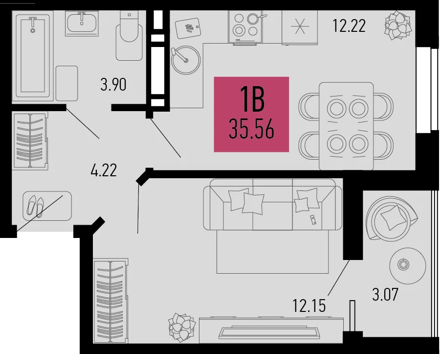 Планировка 1-комн. квартира, 35.56 м² ЖК «Столицыно»