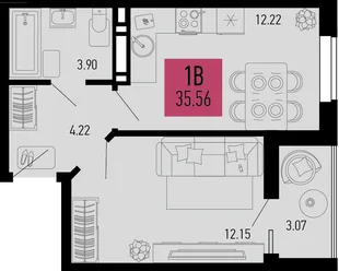 Планировка 1-комн. квартира, 35.56 м² ЖК «Столицыно»
