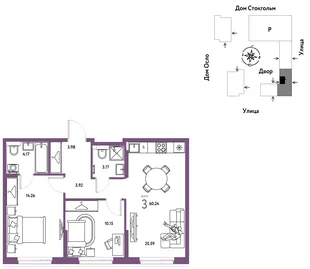 Планировка 3-комн. квартира, 60.24 м² ЖК «Европейский берег 2.0»