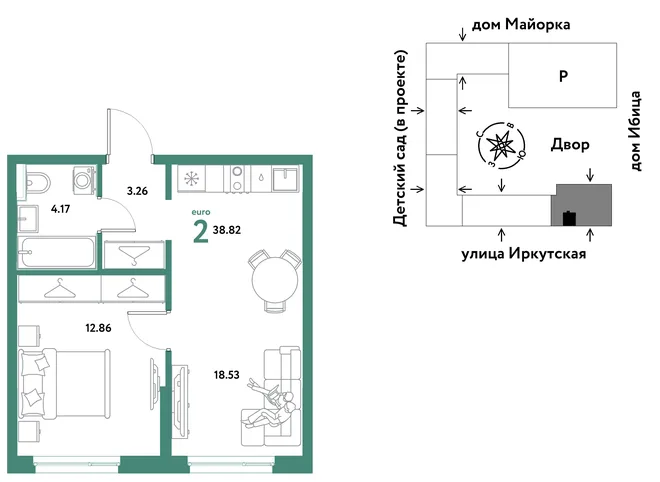 Планировка 2-комн. квартира, 38.82 м² ЖК «Остров-сад» Планировка 2-комн. квартира, 38.82 м² ЖК «Остров-сад»