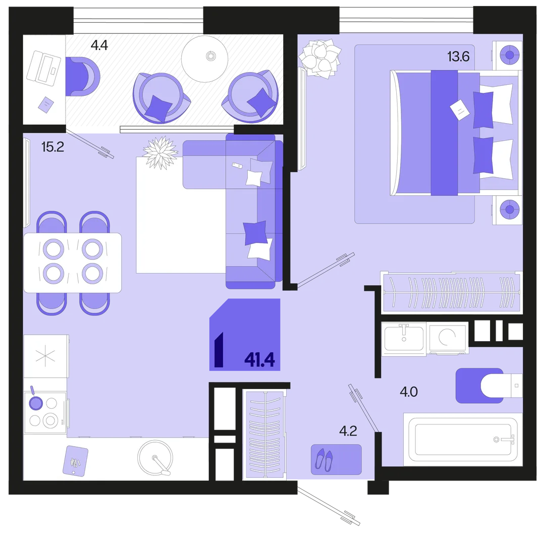 Планировка 1-комн. квартира, 41.4 м² ЖК «Первое место»