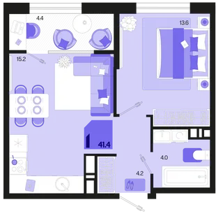 Планировка 1-комн. квартира, 41.4 м² ЖК «Первое место»