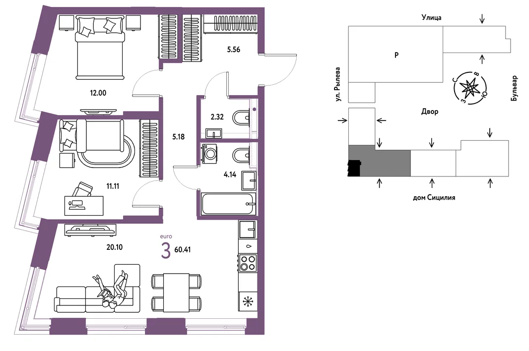 Планировка 3-комн. квартира, 60.41 м² ЖК «Остров-сад»