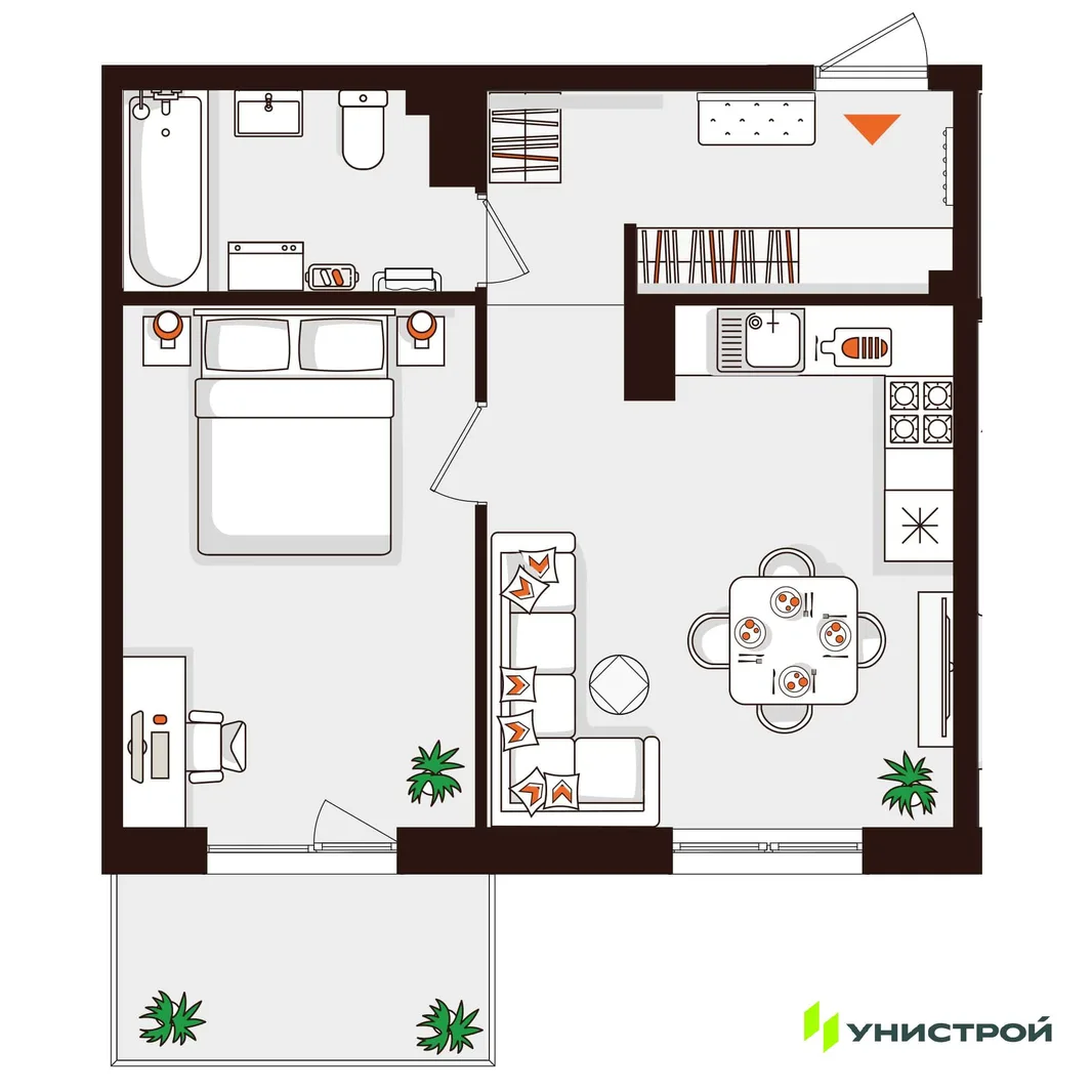Планировка 1-комн. квартира, 44.95 м² ЖК «Лисино»
