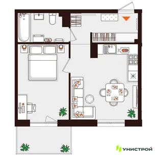 Планировка 1-комн. квартира, 44.95 м² ЖК «Лисино»