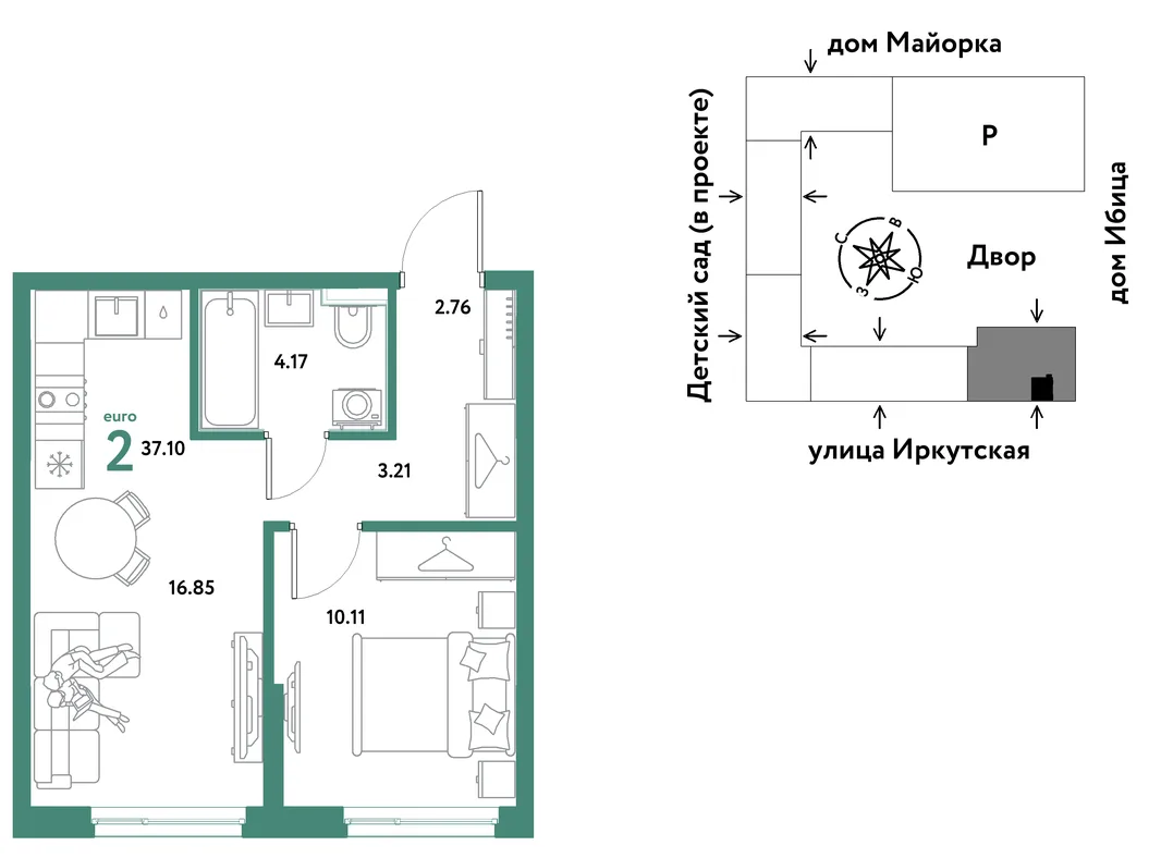 Планировка 2-комн. квартира, 37.1 м² ЖК «Остров-сад»
