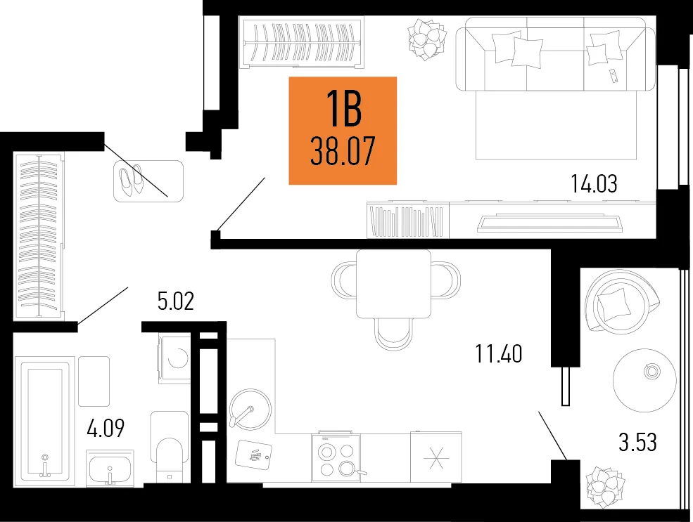 Планировка 1-комн. квартира, 38.07 м² ЖК «Столицыно»