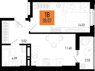 Планировка 1-комн. квартира, 38.07 м² ЖК «Столицыно»