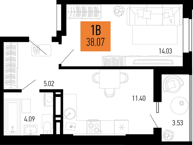 Планировка 1-комн. квартира, 38.07 м² ЖК «Столицыно» Планировка 1-комн. квартира, 38.07 м² ЖК «Столицыно»