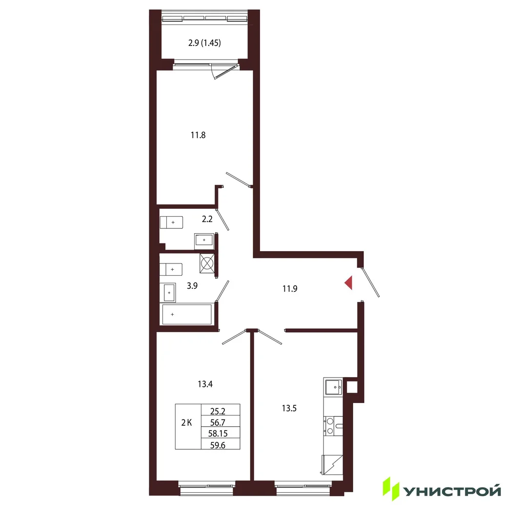 Планировка 2-комн. квартира, 58.15 м² ЖК «Лисино»