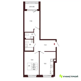 Планировка 2-комн. квартира, 58.15 м² ЖК «Лисино»