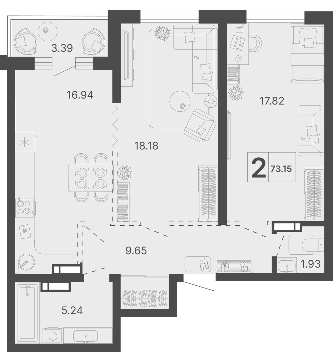 Планировка 2-комн. квартира, 73.15 м² ЖК «Светский лес»