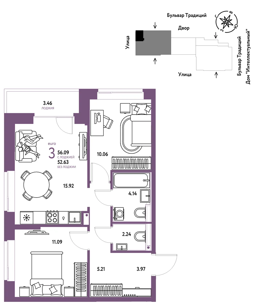 Планировка 3-комн. квартира, 56.09 м² ЖК «Микрорайон Домашний»