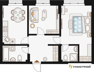Планировка 2-комн. квартира, 60.65 м² ЖК «Жилой кластер Q на Кулагина»