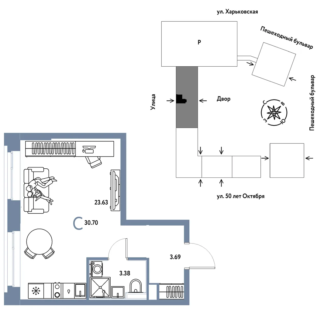 Планировка Студия, 30.7 м² ЖК «Сердце Сибири»