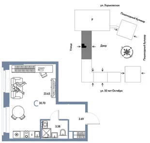 Планировка Студия, 30.7 м² ЖК «Сердце Сибири»