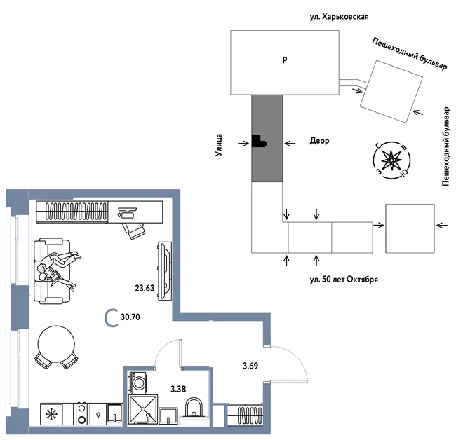 Планировка Студия, 30.7 м² ЖК «Сердце Сибири»