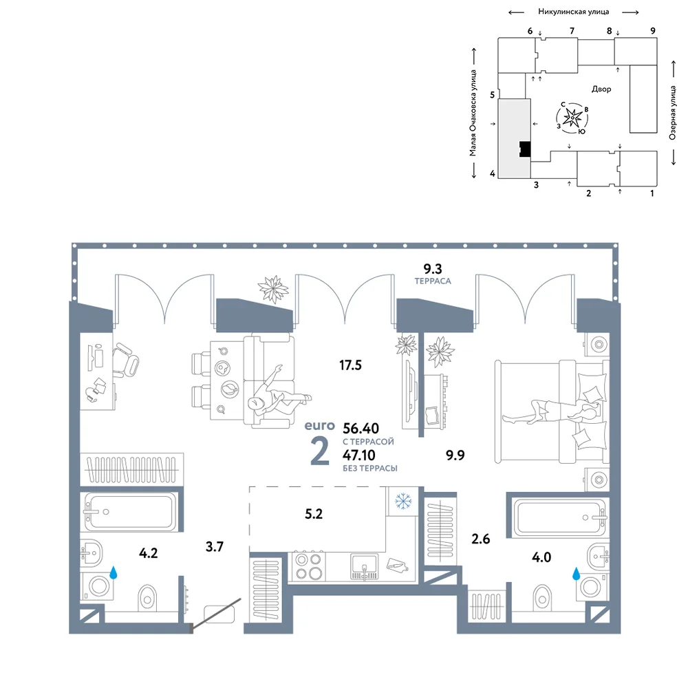 Планировка 2-комн. квартира, 56.4 м² ЖК «Страна.Озёрная»
