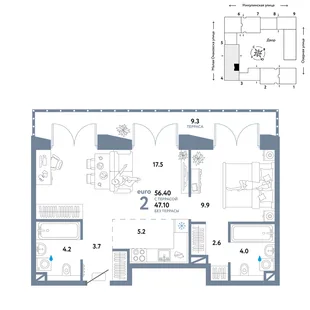 Планировка 2-комн. квартира, 56.4 м² ЖК «Страна.Озёрная»
