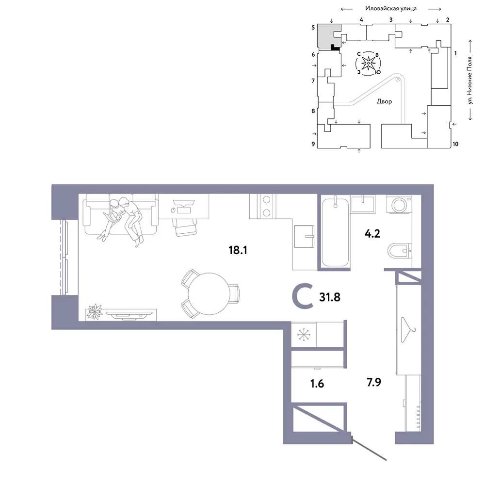 Планировка Студия, 31.8 м² ЖК «Страна.Заречная»