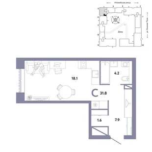Планировка Студия, 31.8 м² ЖК «Страна.Заречная»