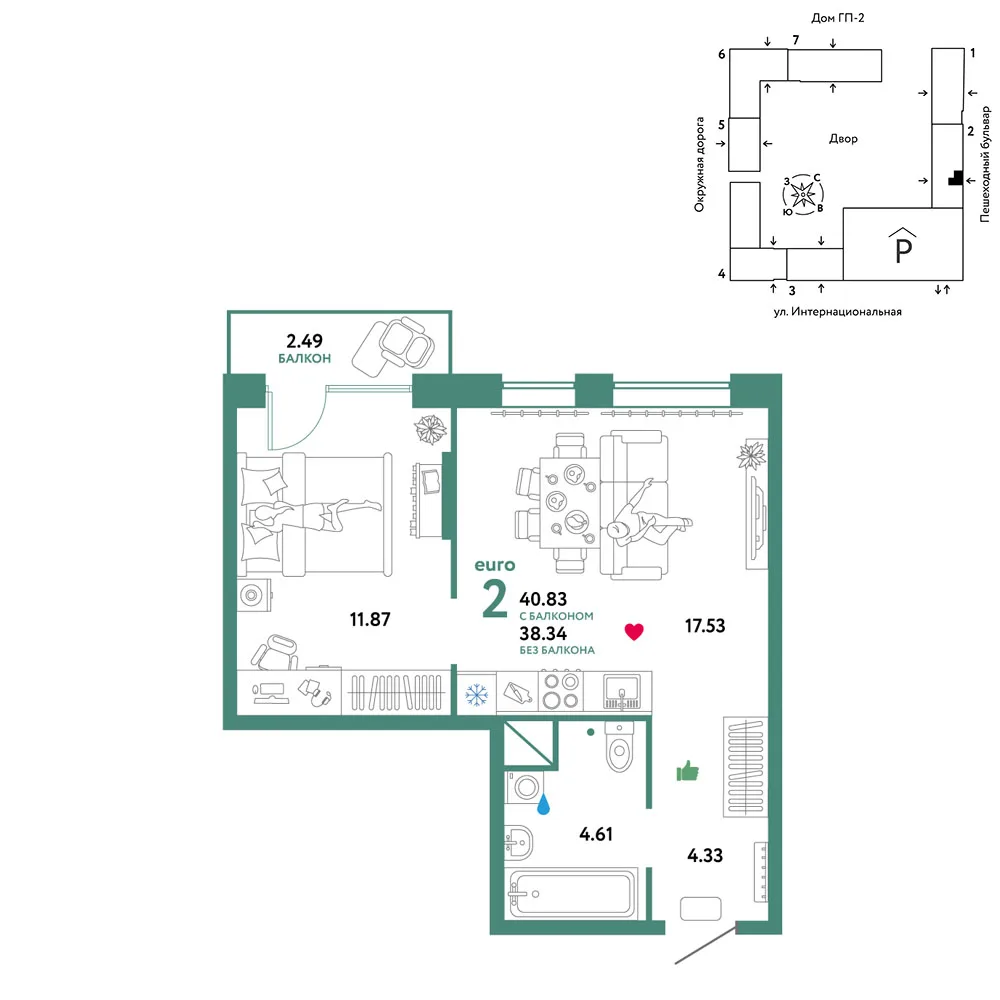 Планировка 2-комн. квартира, 40.83 м² ЖК «Юнион»