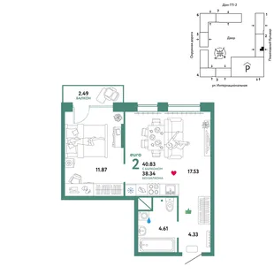 Планировка 2-комн. квартира, 40.83 м² ЖК «Юнион»