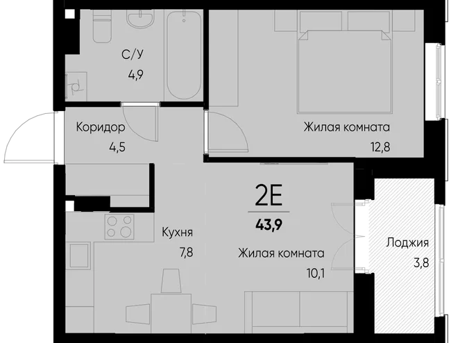 Планировка 2-комн. квартира, 43.9 м² ЖК «Васильевский остров» Планировка 2-комн. квартира, 43.9 м² ЖК «Васильевский остров»