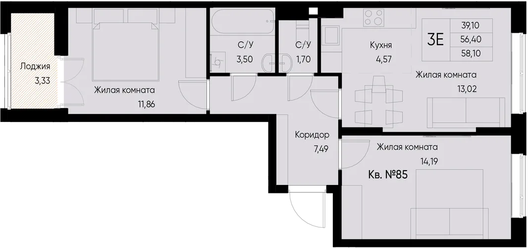 Планировка 3-комн. квартира, 59.8 м² ЖК «Васильевский остров»