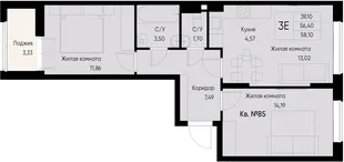 Планировка 3-комн. квартира, 59.8 м² ЖК «Васильевский остров»