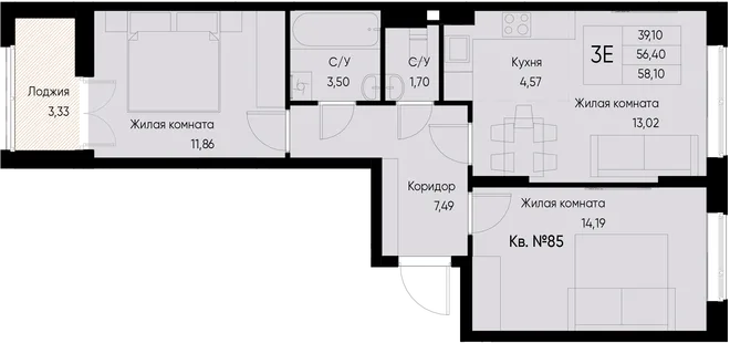 Планировка 3-комн. квартира, 59.8 м² ЖК «Васильевский остров» Планировка 3-комн. квартира, 59.8 м² ЖК «Васильевский остров»