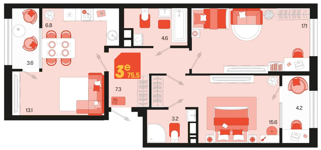 Планировка 3-комн. квартира, 75.5 м² ЖК «Первое место»