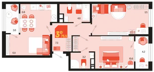 Планировка 3-комн. квартира, 75.5 м² ЖК «Первое место»