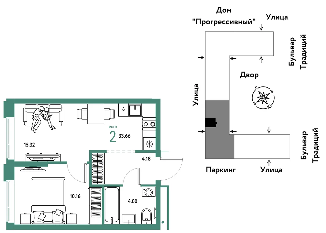 Планировка 2-комн. квартира, 33.66 м² ЖК «Микрорайон Домашний»