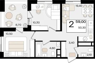 Планировка 2-комн. квартира, 59 м² ЖК «Патрики»