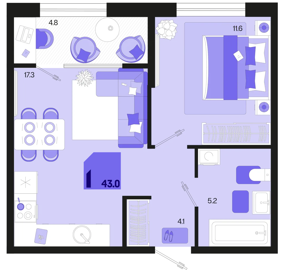 Планировка 1-комн. квартира, 43 м² ЖК «Первое место»