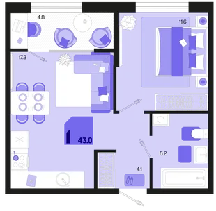 Планировка 1-комн. квартира, 43 м² ЖК «Первое место»