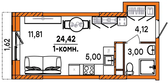 Планировка Студия, 24.42 м² ЖК «Юность» Планировка Студия, 24.42 м² ЖК «Юность»