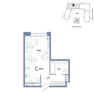 Планировка Студия, 28.09 м² ЖК «Микрорайон Домашний»