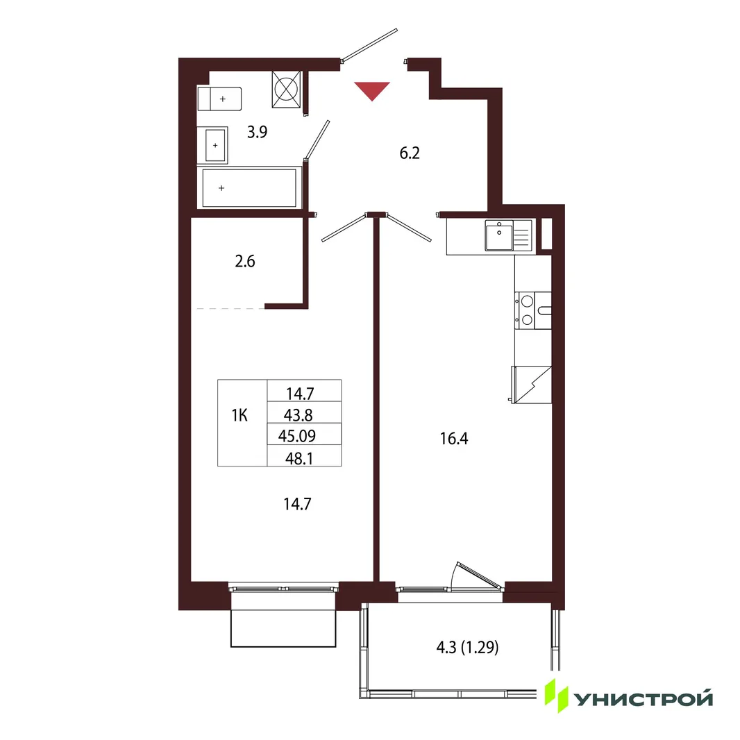 Планировка 1-комн. квартира, 45.09 м² ЖК «Лисино»