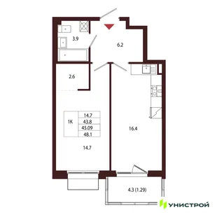 Планировка 1-комн. квартира, 45.09 м² ЖК «Лисино»