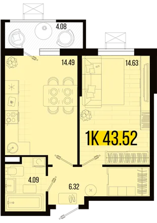 Планировка 1-комн. квартира, 41.48 м² ЖК «Цветной бульвар»